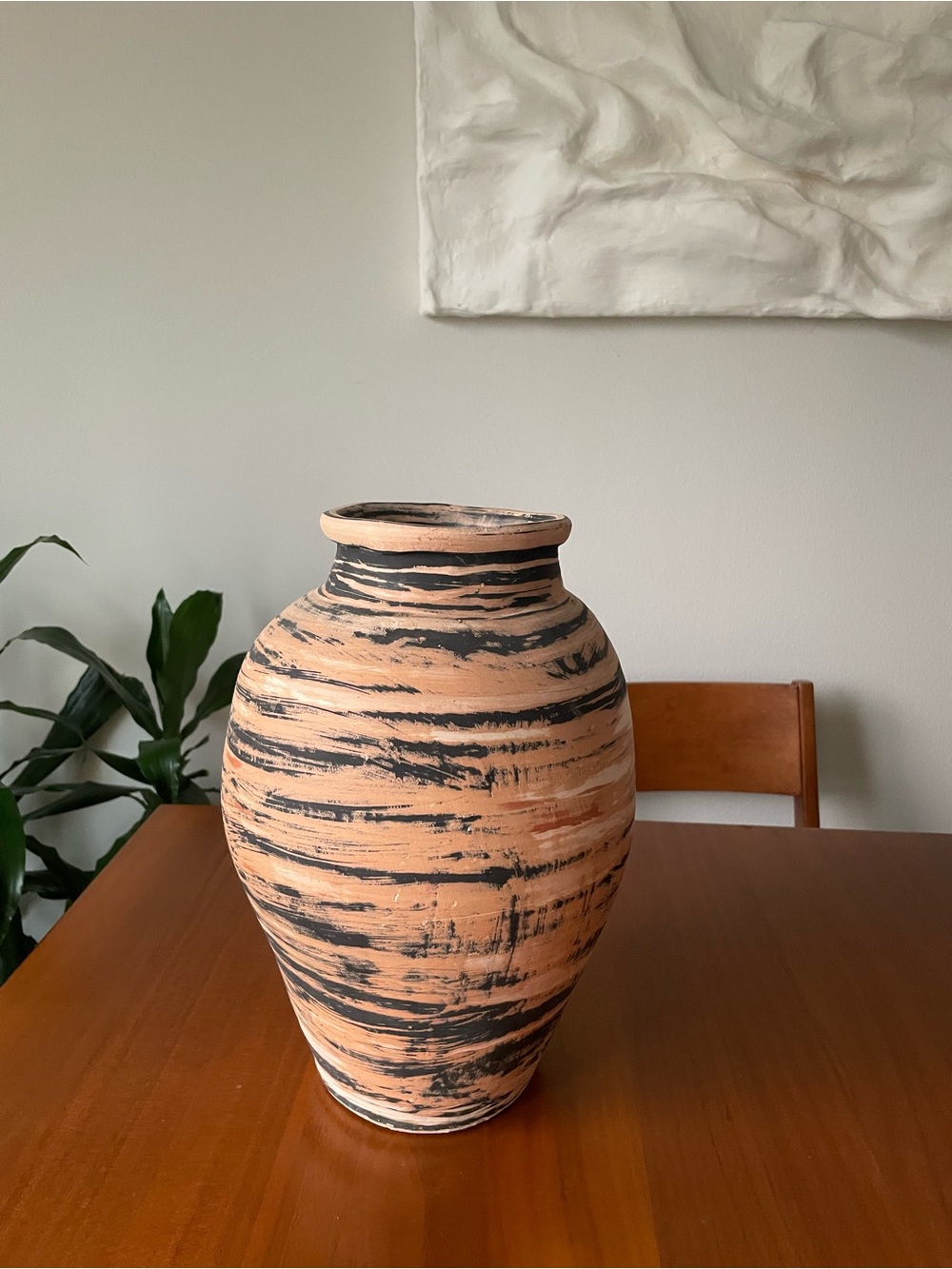 Handmade,Terracotta-Striped Ceramic Vase - Rustic Peach and Black
